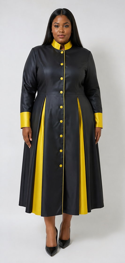 Plus size model wearing the Tally Taylor Elegant Women's Minister Robe in Black/Gold, featuring luxurious two-tone silk-like fabric, elegant contrast panel detailing, rhinestone button accents, tailored cuffs, and a flowing full-length silhouette designed for Sunday services, church celebrations, ministry events, and special ceremonies.