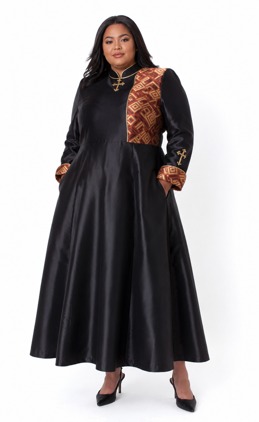 Plus size model wearing the Tally Taylor Majesty Panel Clergy Robe in Black Multi, featuring an elegant contrast majesty panel with geometric print, refined trim detailing, cross accents, and a flowing full-length silhouette designed for pastoral leadership, worship services, church anniversaries, ministry conferences, ordinations, and special ceremonies.