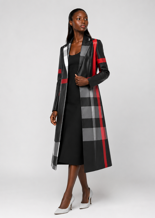 Model wearing a black sheath church dress with a coordinating long black, gray, white, and fuchsia plaid jacket, styled with white pointed-toe heels. This elegant two-piece church dress set features a tailored longline jacket and a modest silhouette, making it perfect for church services, conferences, banquets, church anniversaries, and special occasions by Tally Taylor.
