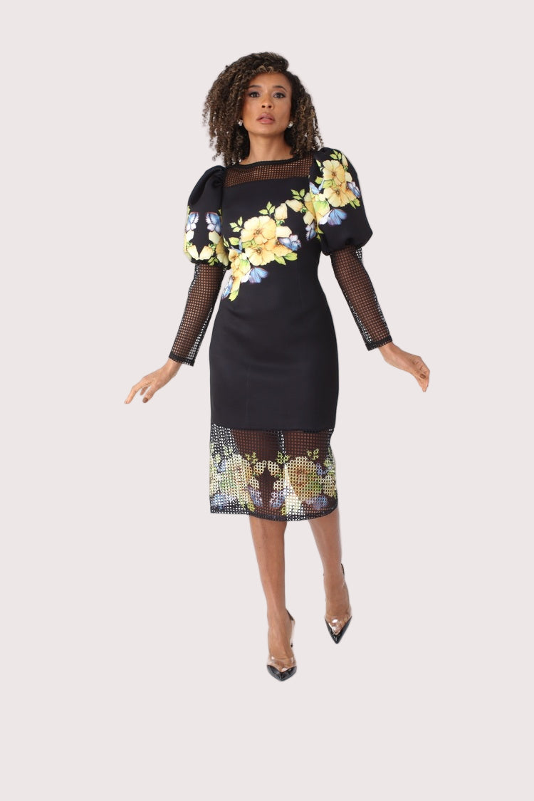 Front view of black multi floral mesh puff sleeve midi dress featuring statement sleeves and sheer mesh detailing by Tally Taylor