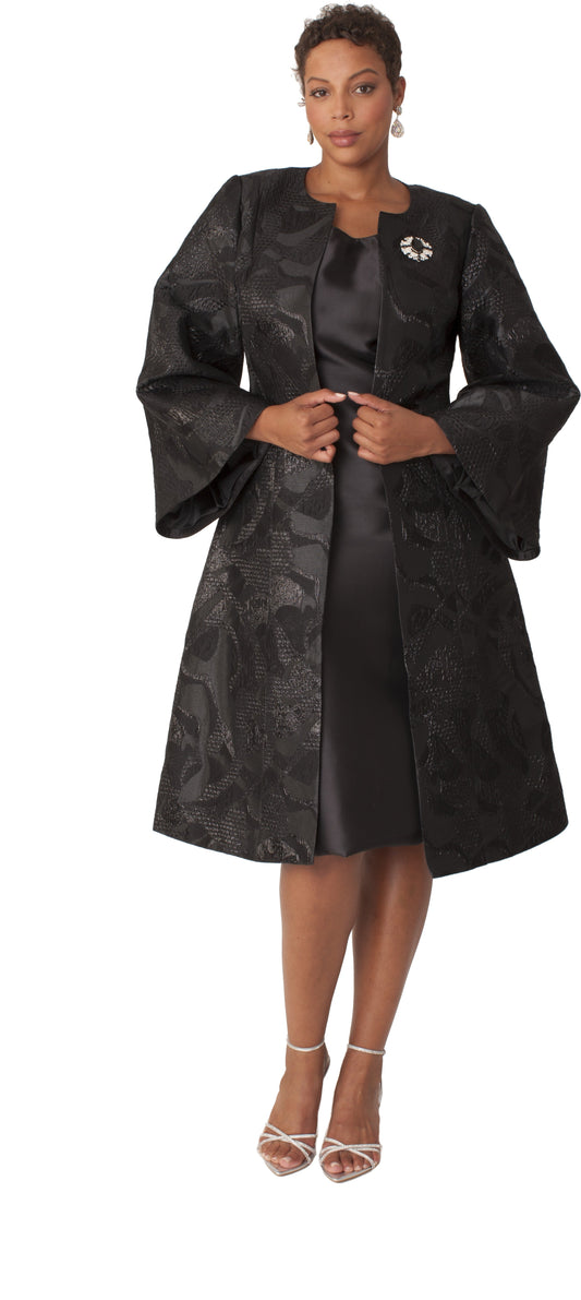 Black brocade jacket dress and sheath dress set with dramatic bell sleeves, front view showcasing metallic detailing and tailored fit by Tally Taylor