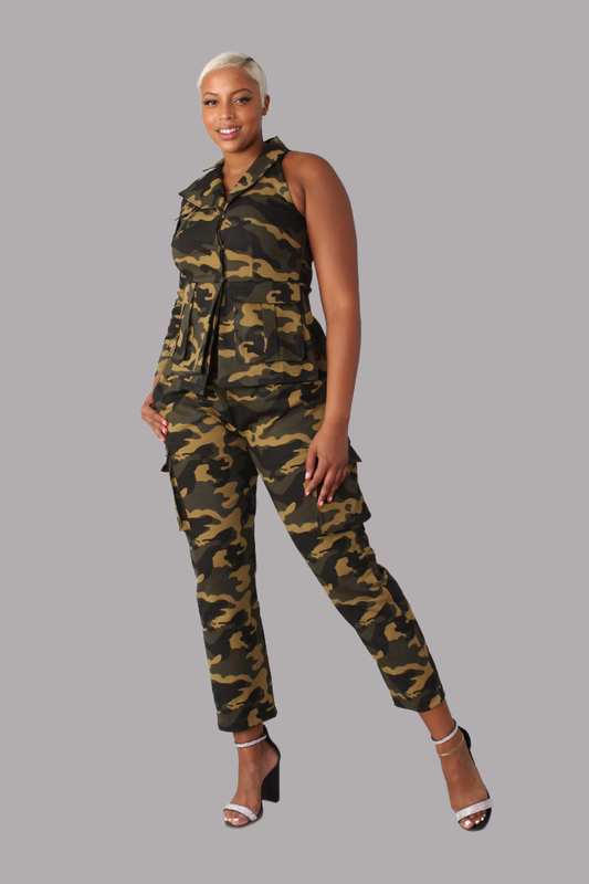 Camo print utility top with a single sleeve design shown in full front studio pose.