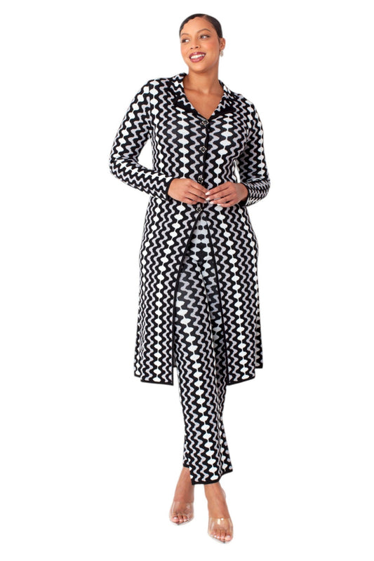 Model wearing black and white chevron knit duster coat and pant set, front standing pose by Tally Taylor