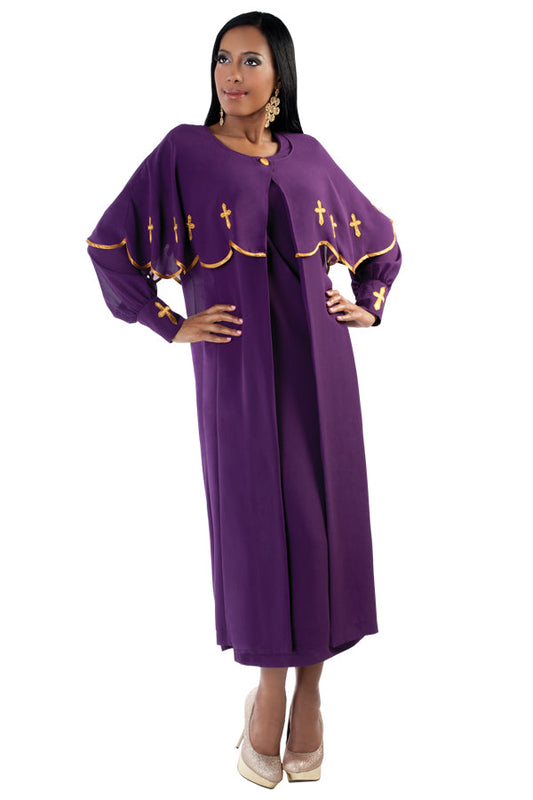 Elegant purple choir robe dress with detachable cape featuring flowing silhouette and modest design for worship services by Tally Taylor