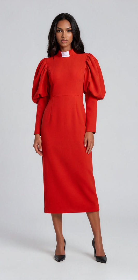 Red clergy dress with puff sleeves and a classic collar shown in a front standing pose by Tally Taylor.