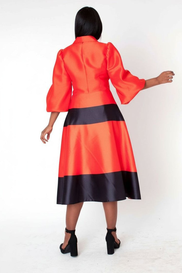 Red and black colorblock midi dress with shoulder bow detail and flared hem back view – Tally Taylor