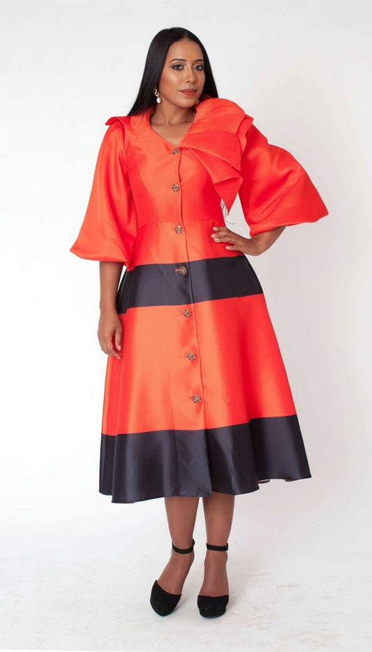 Red and black colorblock midi dress with dramatic shoulder bow and button-front design front view – Tally Taylor