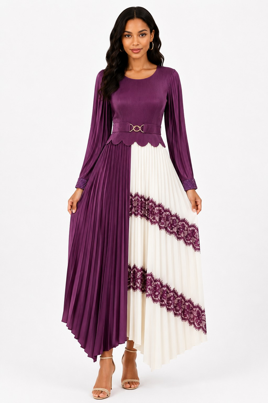 Model wearing the Colorblock Pleated Lace Trim Midi Dress in Purple featuring flowing pleats, colorblock lace trim, a flattering belted waist, and an elegant midi-length silhouette by For Her NYC