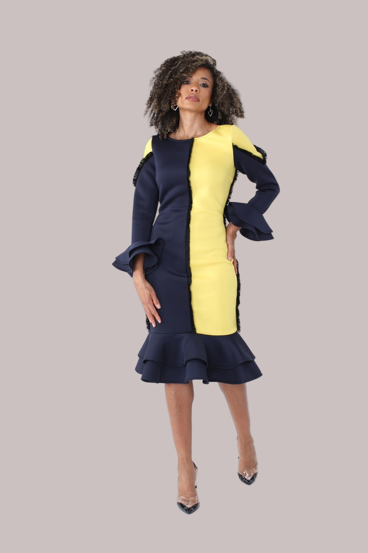 Angled front view of yellow and navy colorblock ruffle midi dress — For Her NYC.