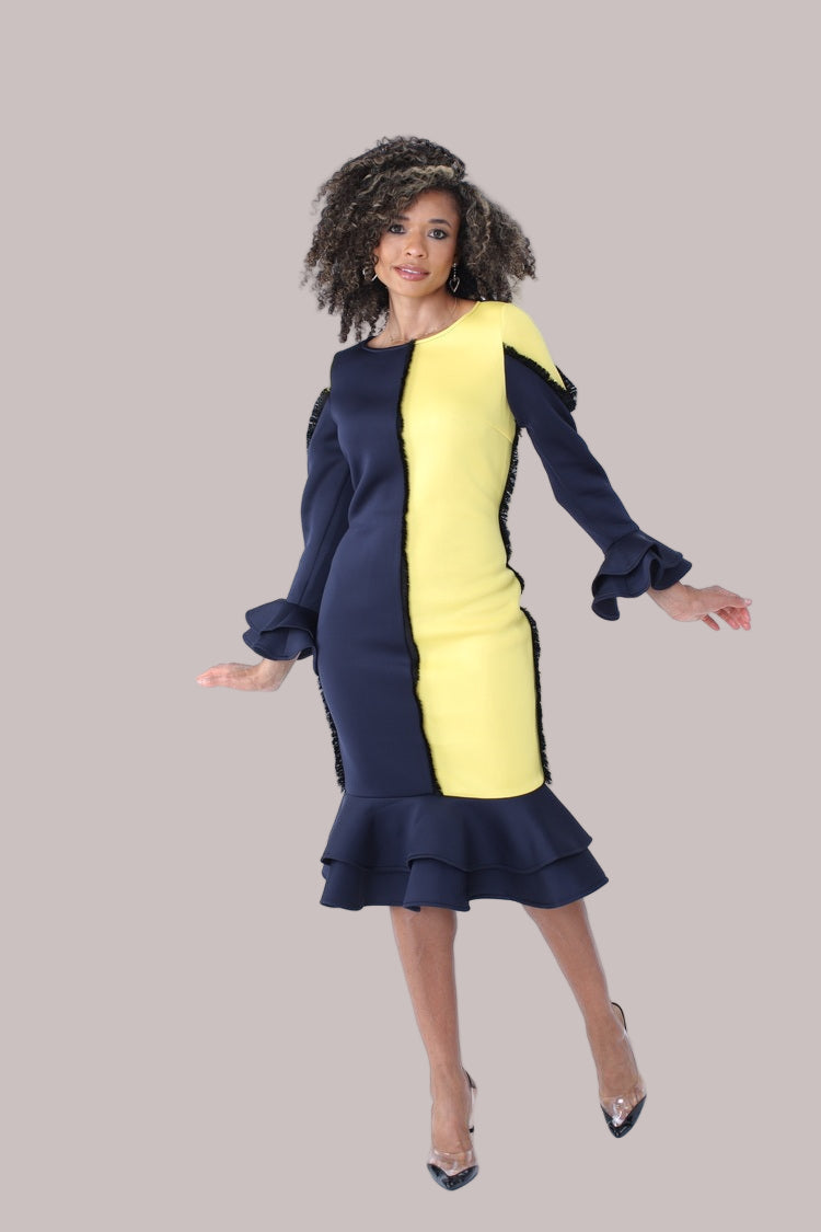 Side view of yellow and navy colorblock ruffle midi dress featuring dramatic ruffle sleeves — For Her NYC.