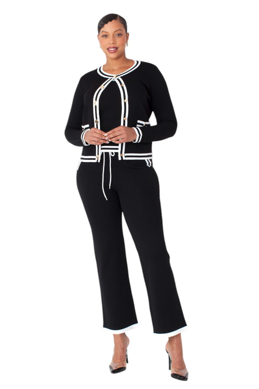Contrast trim knit three piece set in black featuring cardigan, sleeveless top, and tailored pants, front standing pose by Tally Taylor