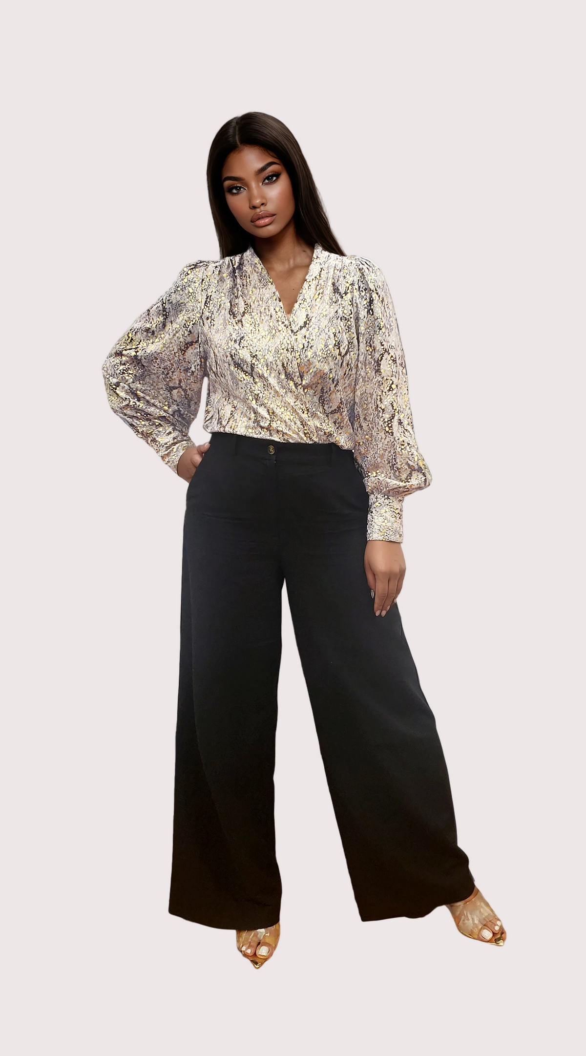 Front view of convertible printed blouse with feminine long sleeves.