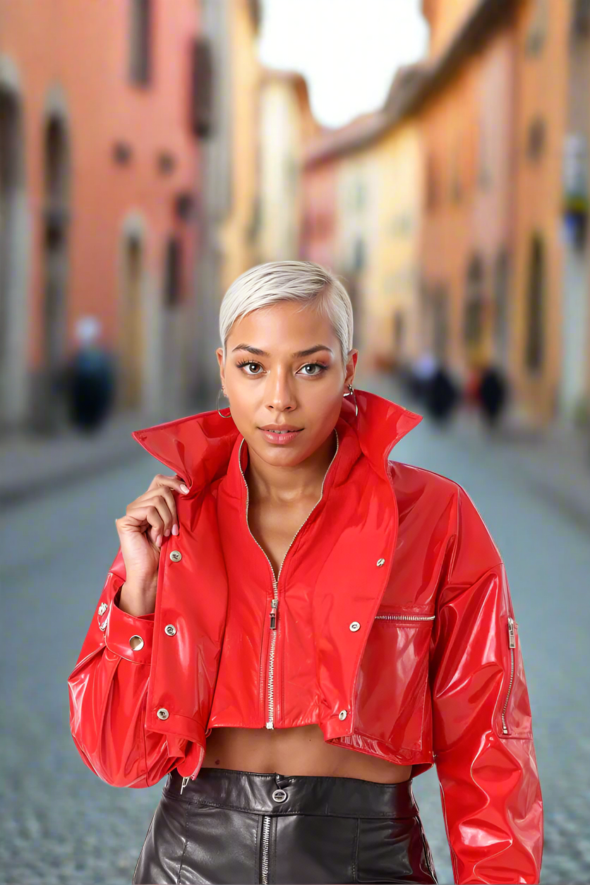 Street style front pose wearing cropped red vinyl jacket with high shine finish – For Her NYC