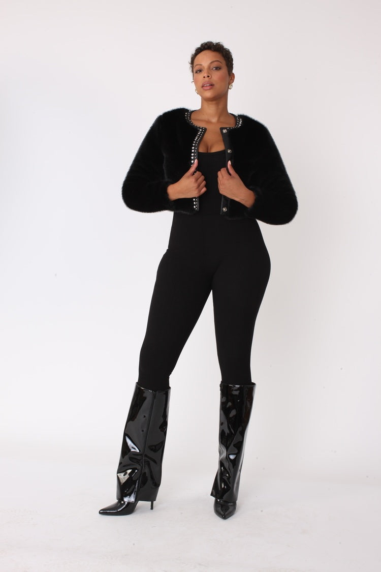 Black cropped faux fur jacket with rhinestone trim front view – For Her NYC