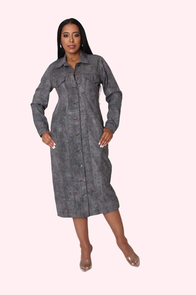 Model wearing the black denim crystal embellished midi dress standing front facing, showcasing allover crystal detailing and tailored denim silhouette by For Her NYC