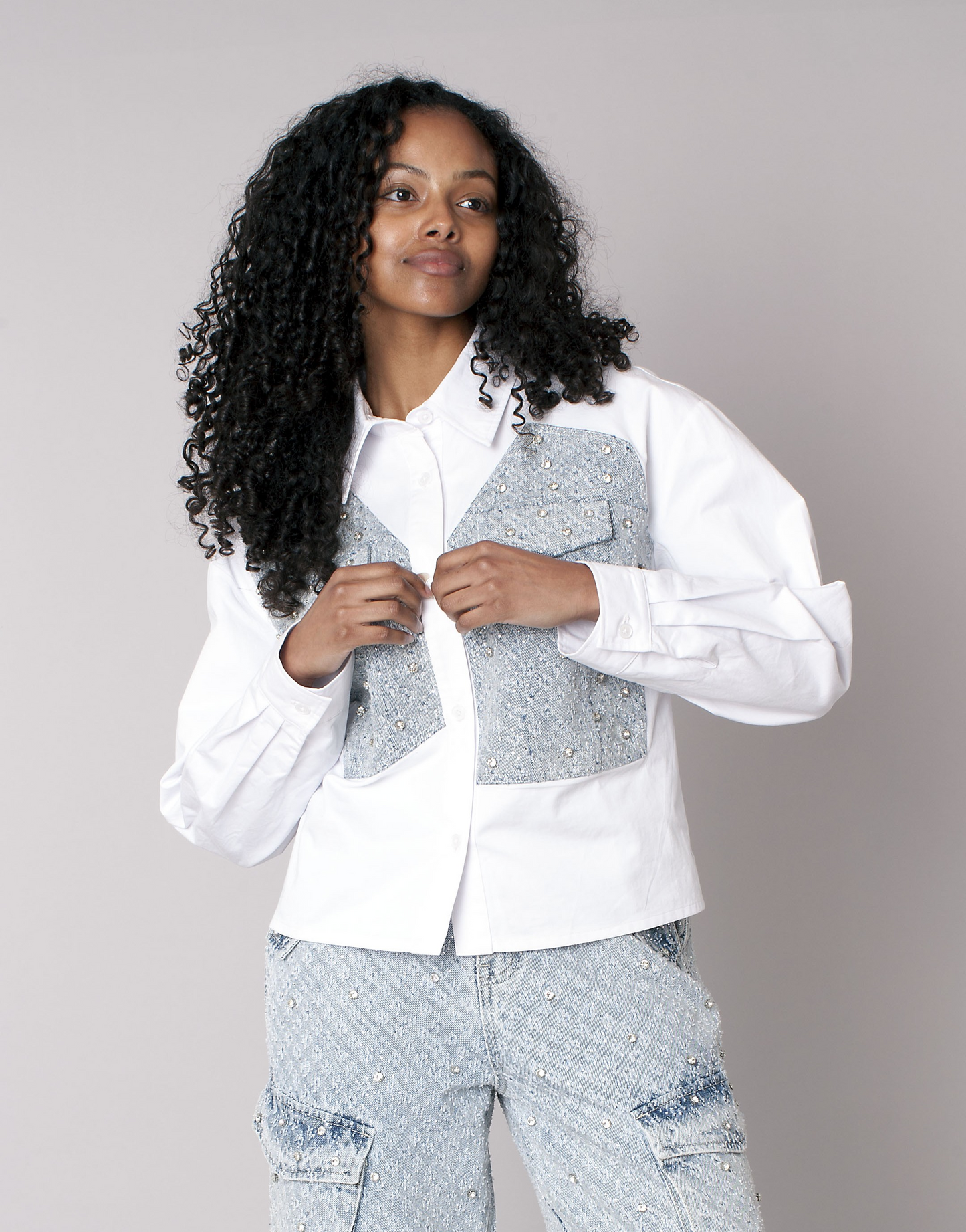 White silver crystal pocket detail button down shirt with tailored fit front view – For Her NYC
