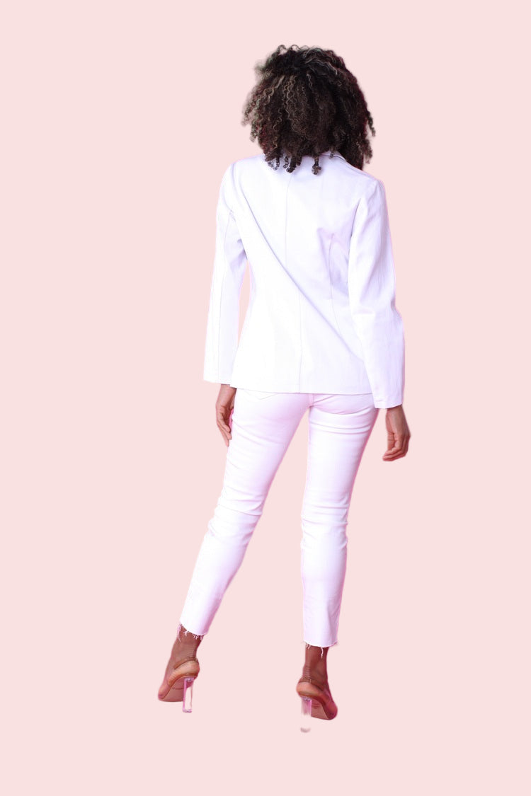 White double-breasted blazer shown from the back, showcasing a sleek tailored finish and classic blazer length by For Her NYC