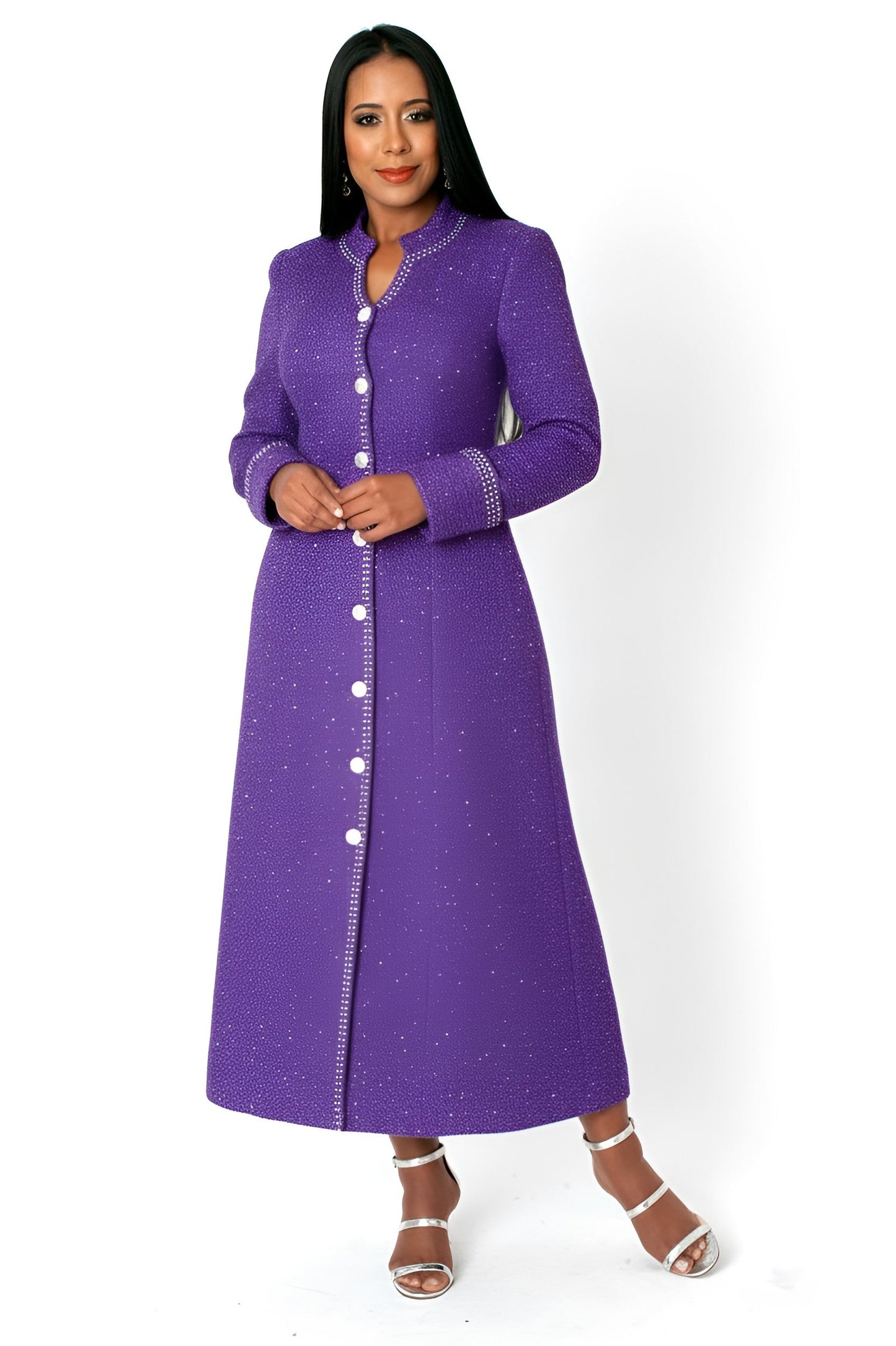 Model wearing purple tweed church robe with crystal-trimmed buttons, front standing pose by Tally Taylor