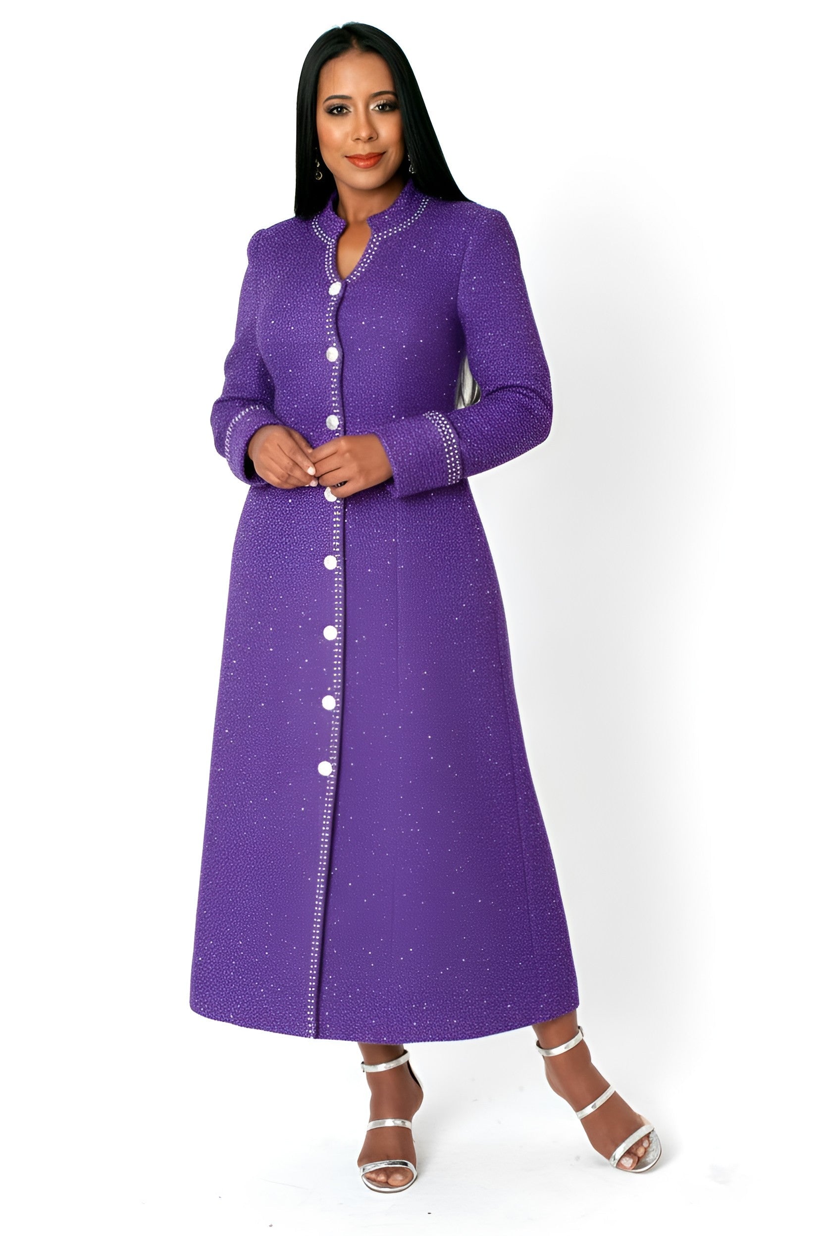 Model wearing purple tweed church robe with crystal-trimmed buttons, front standing pose by Tally Taylor
