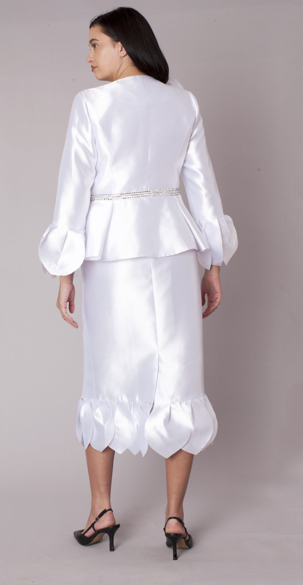 White satin-like dress and jacket set with ruffle hem and matching jacket back view – Tally Taylor
