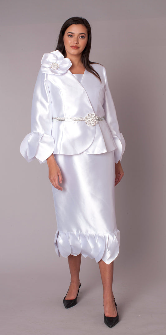 White satin-like dress and jacket set with floral brooch, peplum jacket, and ruffle hem front view – Tally Taylor