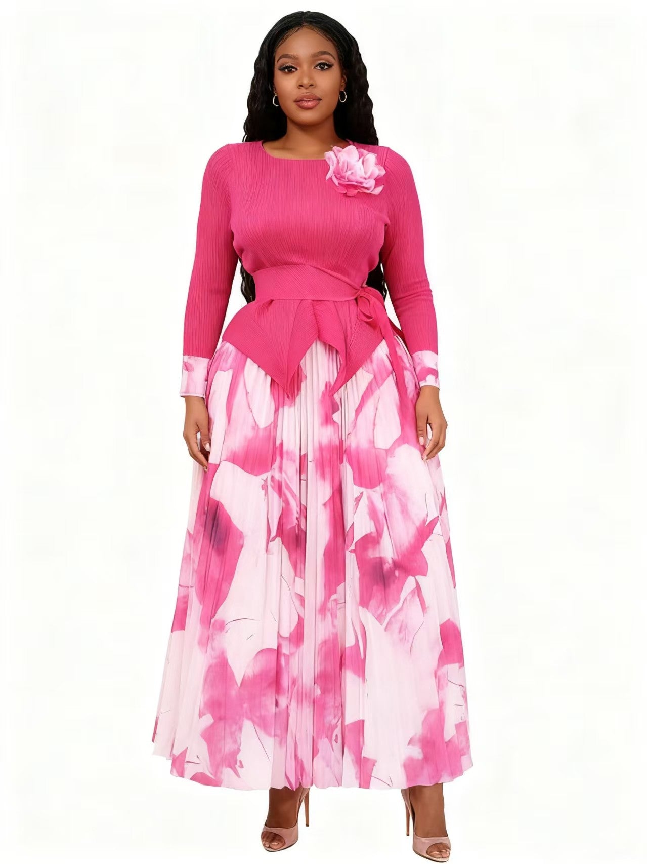 83013- Pink / White - Front view of model wearing a pink top with white floral pleated midi skirt set, For Her NYC