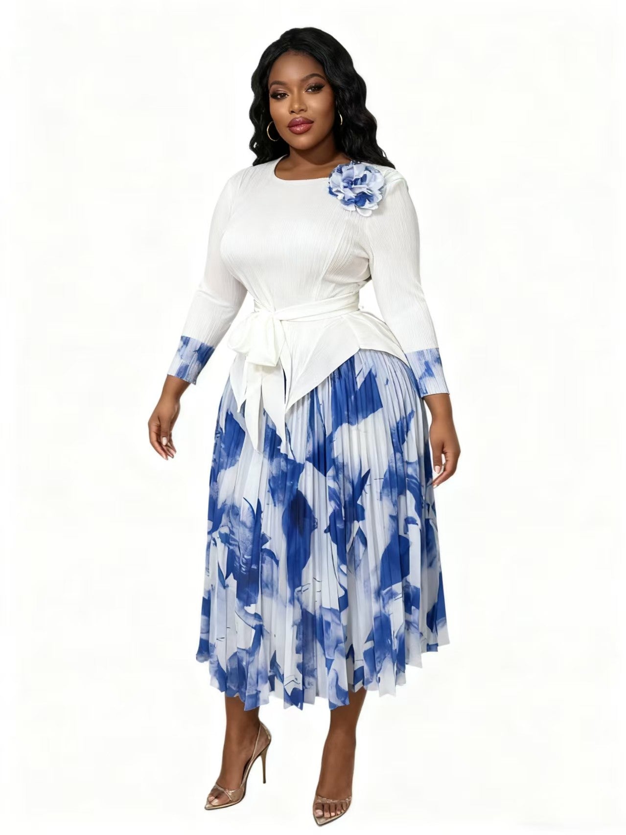 83013- White/Blue Front view of model wearing a textured top with a floral pleated midi skirt set, For Her NYC