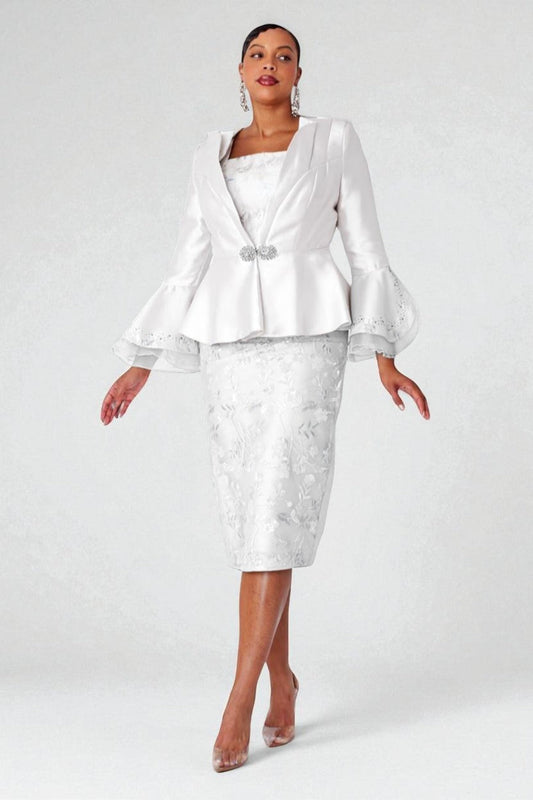 White elegant lace peplum suit featuring a fitted peplum jacket and pencil skirt shown from the front, refined formal look by Tally Taylor