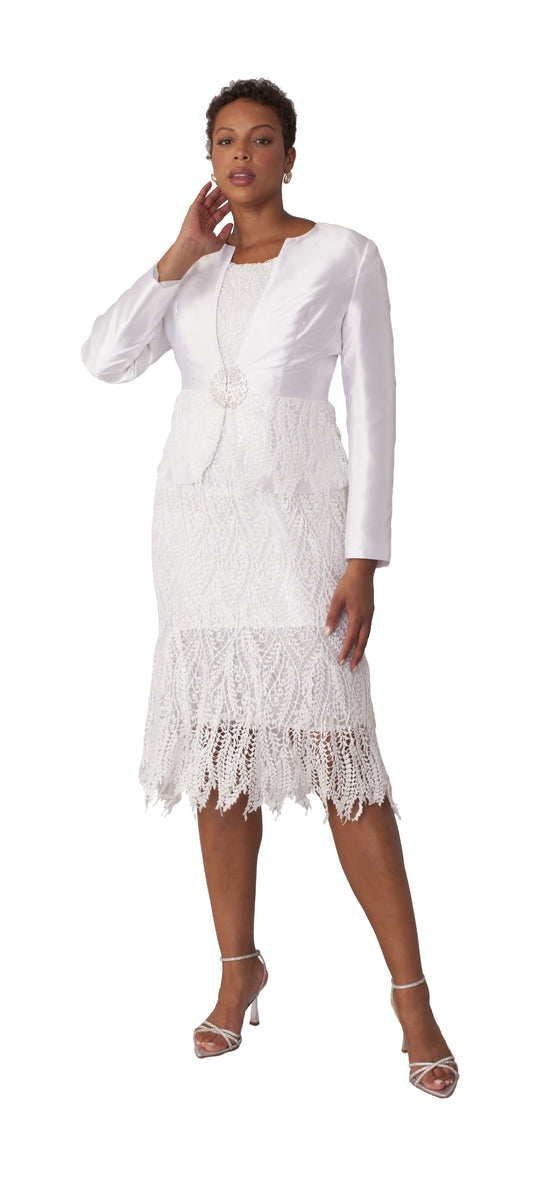 White lace two-piece dress set with tailored jacket and scalloped hem, front view by Tally Taylor