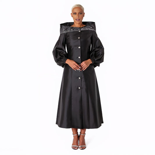 Black elegant one-piece cassock robe with embellished portrait collar and jeweled buttons, model front view with hands clasped — Tally Taylor