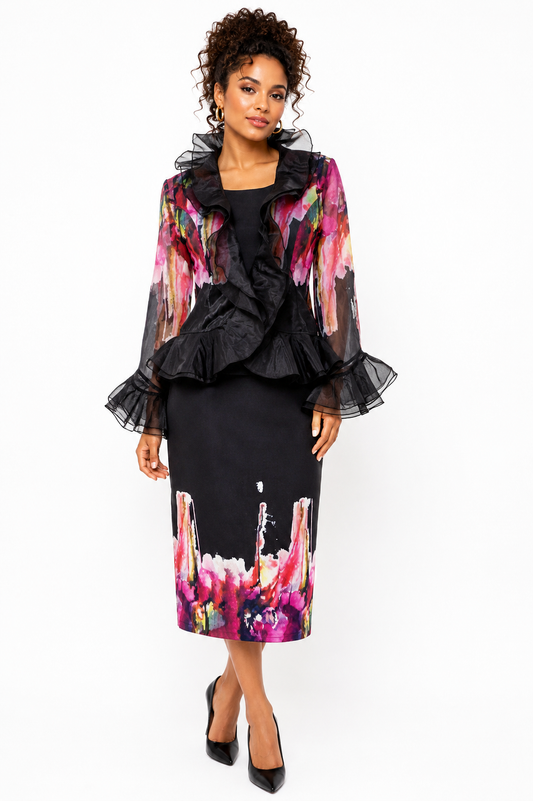 Black organza 3-piece church dress set with watercolor floral accents, front view on model — Tally Taylor