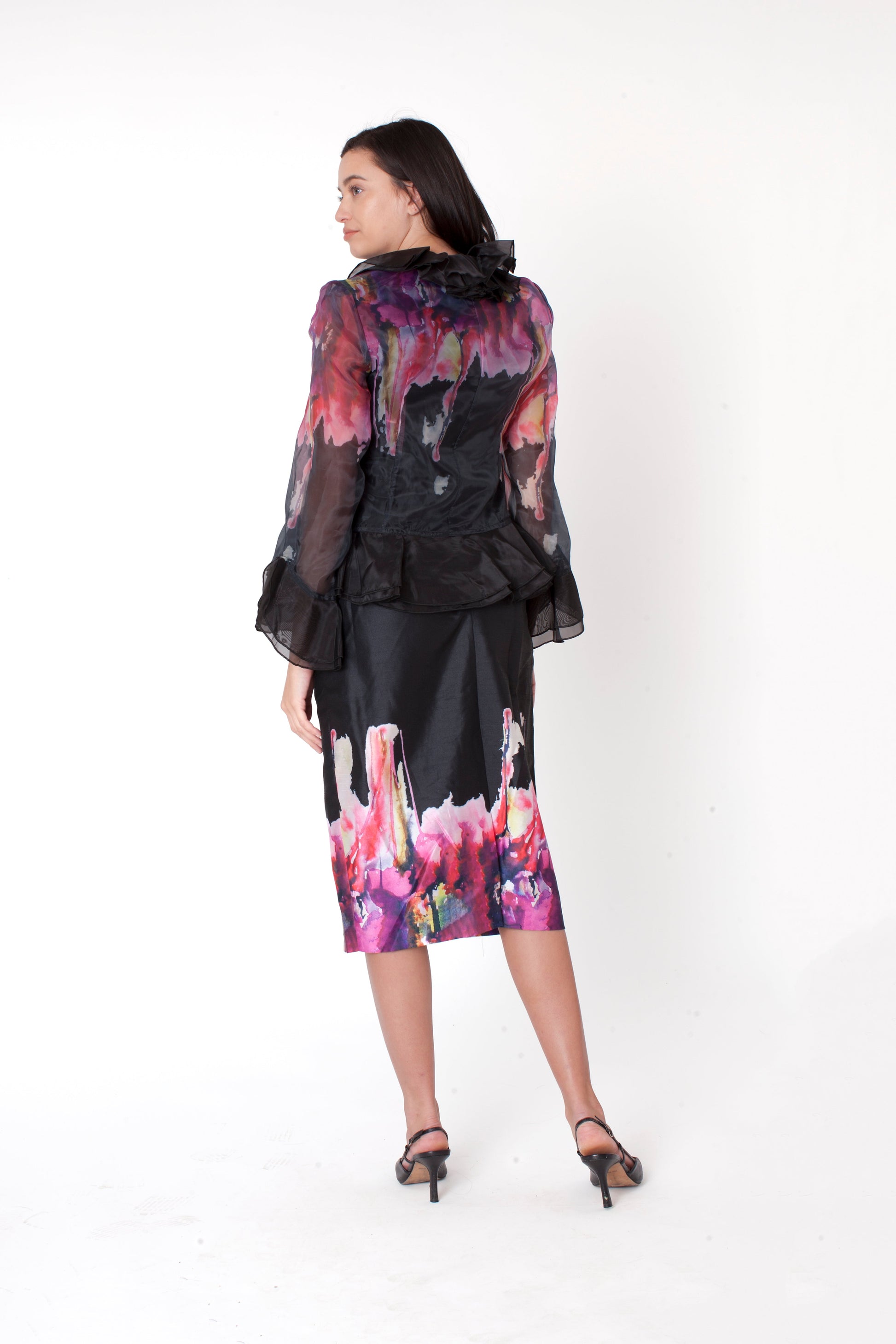 Full length view of black organza 3-piece church dress set with floral trim — Tally Taylor
