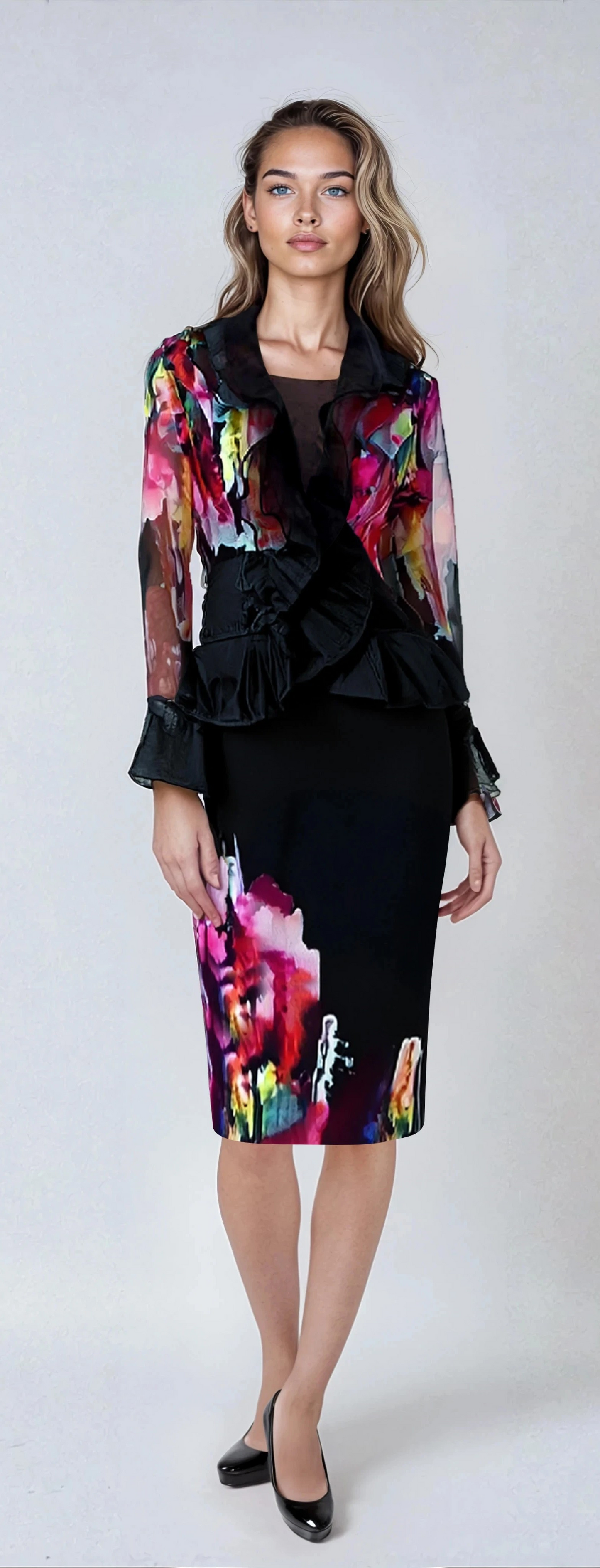 Model wearing the black multi elegant organza 3 piece church dress set standing front facing, highlighting refined silhouette, sheer organza details, and vibrant accent trim by Tally Taylor