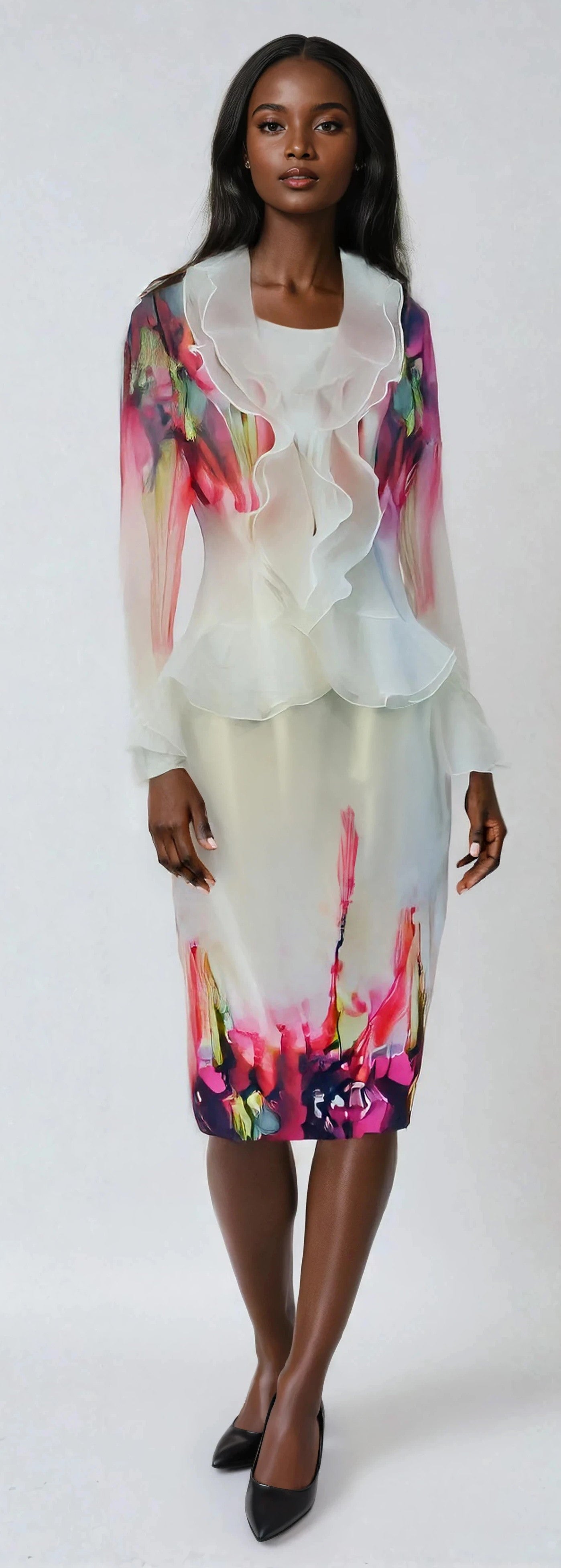 Model wearing the white multi elegant organza 3 piece church dress set standing front facing, showcasing soft ruffle trim, sheer organza overlay, and watercolor inspired accents by Tally Taylor