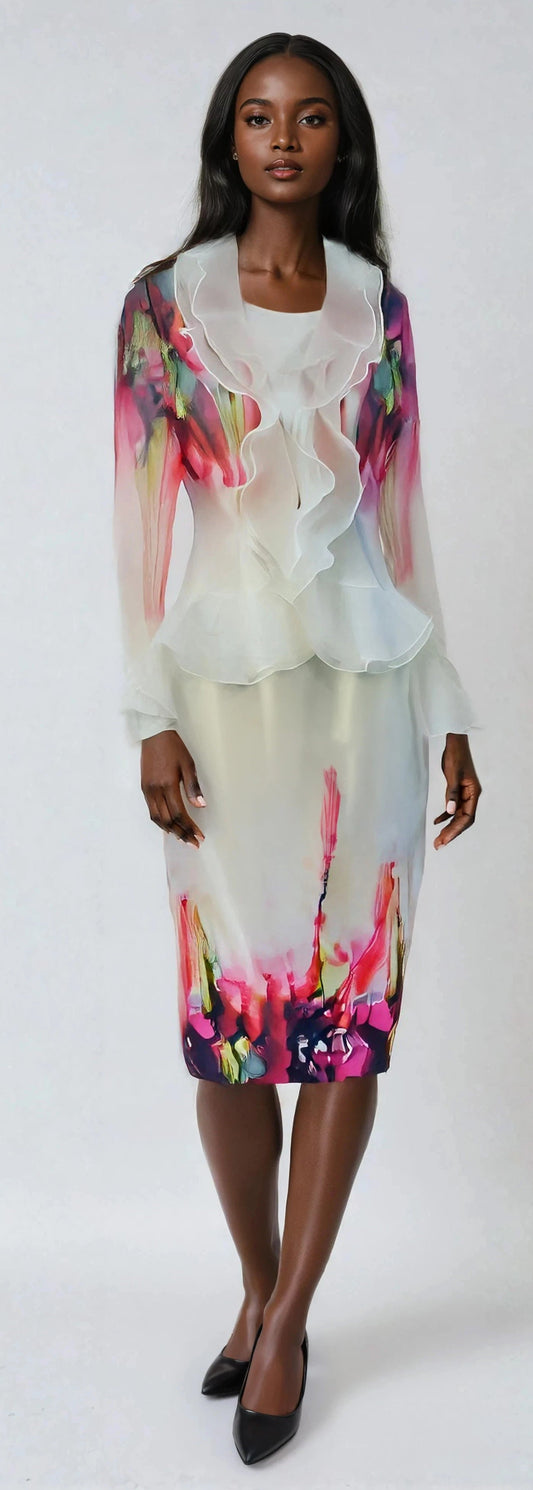 Model wearing the white multi elegant organza 3 piece church dress set standing front facing, showcasing soft ruffle trim, sheer organza overlay, and watercolor inspired accents by Tally Taylor