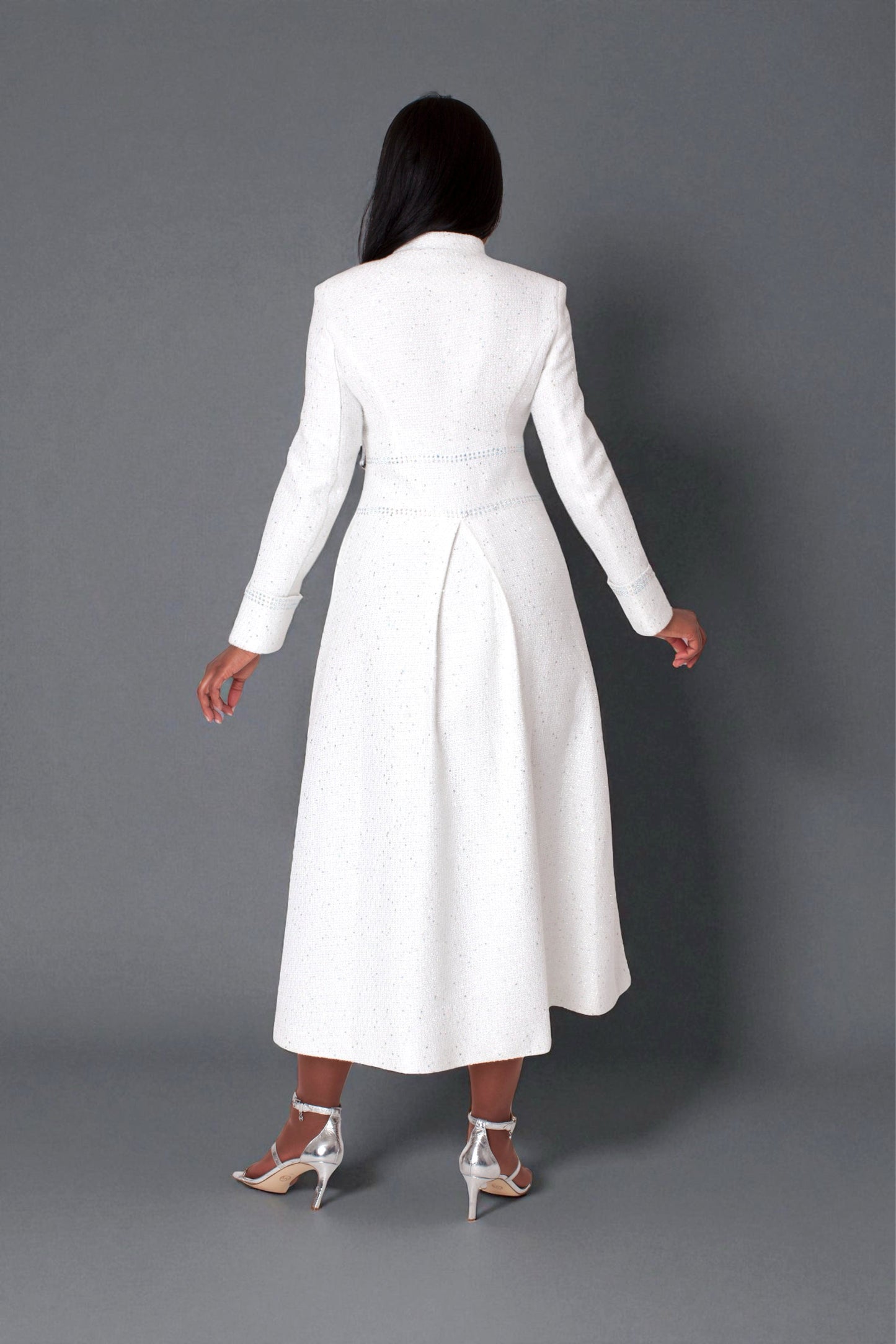 Back view of model wearing the white elegant plus size tweed robe showing clean tailored lines, full length coverage, and classic refined finish by Tally Taylor