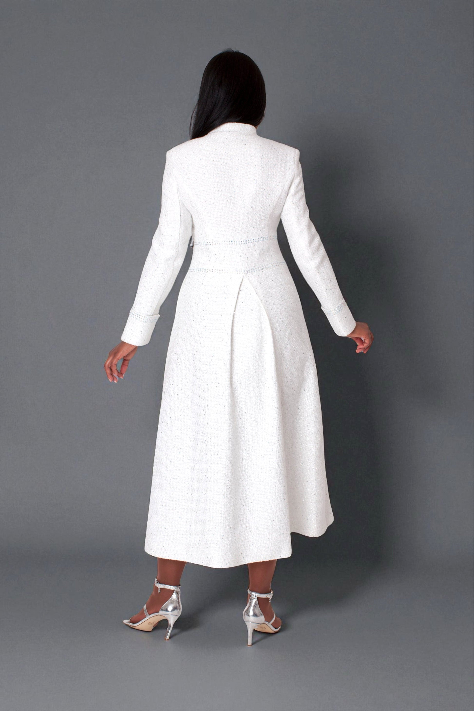 Back view of model wearing the white elegant plus size tweed robe showing clean tailored lines, full length coverage, and classic refined finish by Tally Taylor