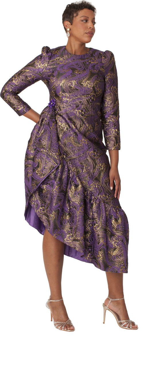 Purple and gold high-low dress with intricate brocade pattern and structured shoulders, front view highlighting statement silhouette by Tally Taylor
