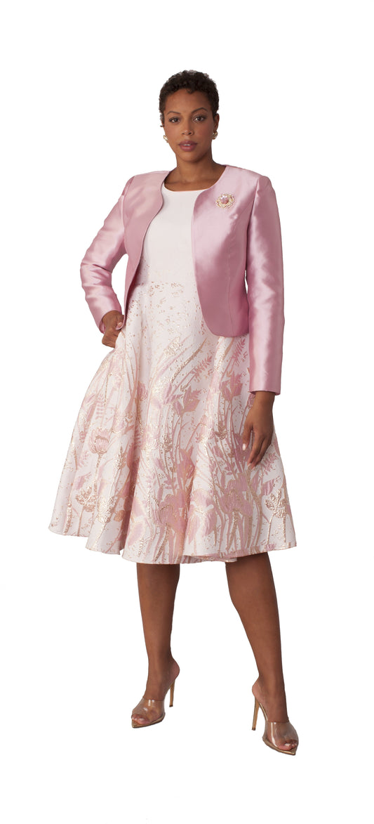 Elegant two-piece pink multi brocade dress and jacket set with floral pattern and tailored jacket, front view by Tally Taylor