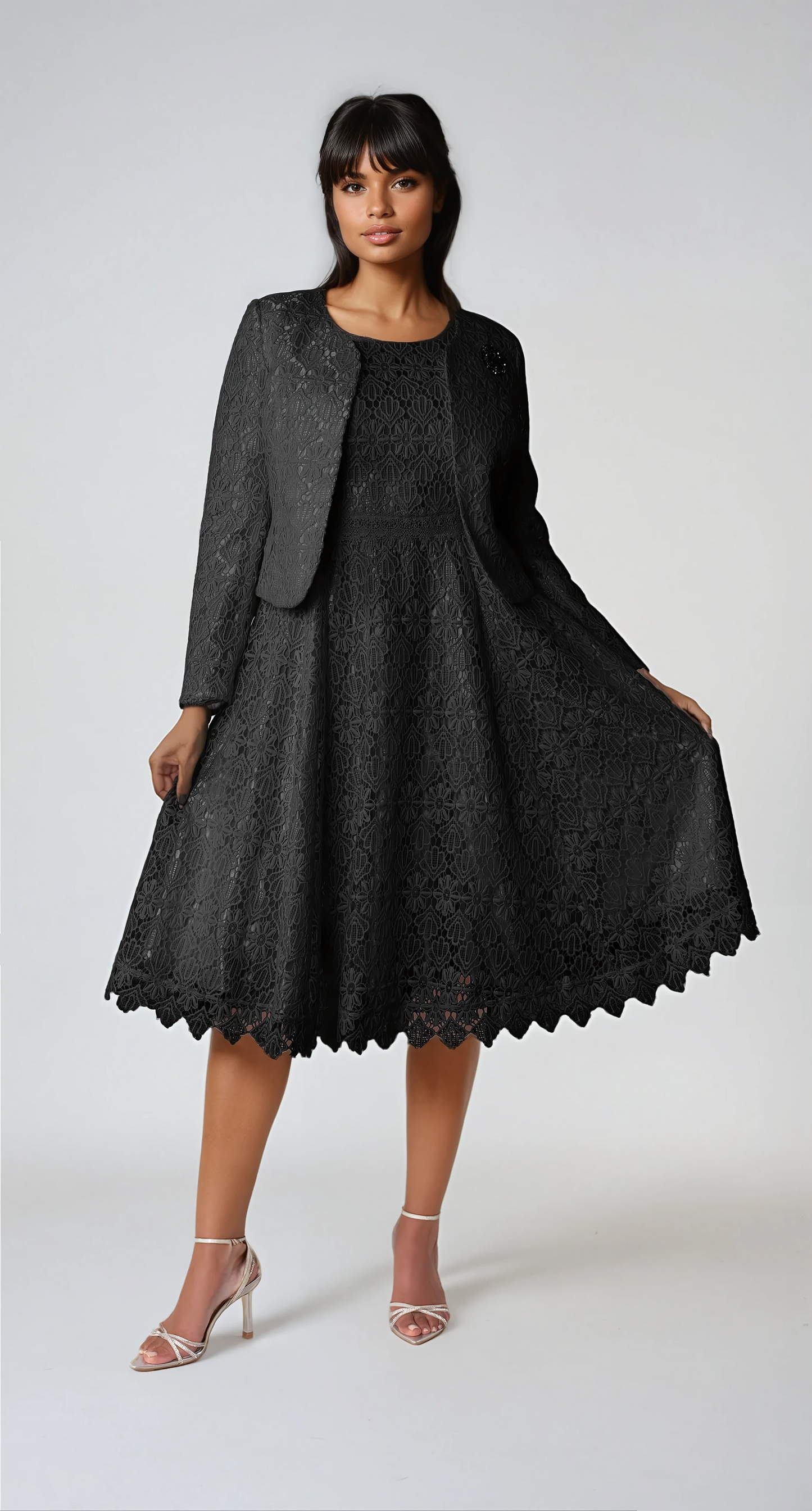 Black two-piece lace dress and jacket set with elegant A-line fit, front view by Tally Taylor