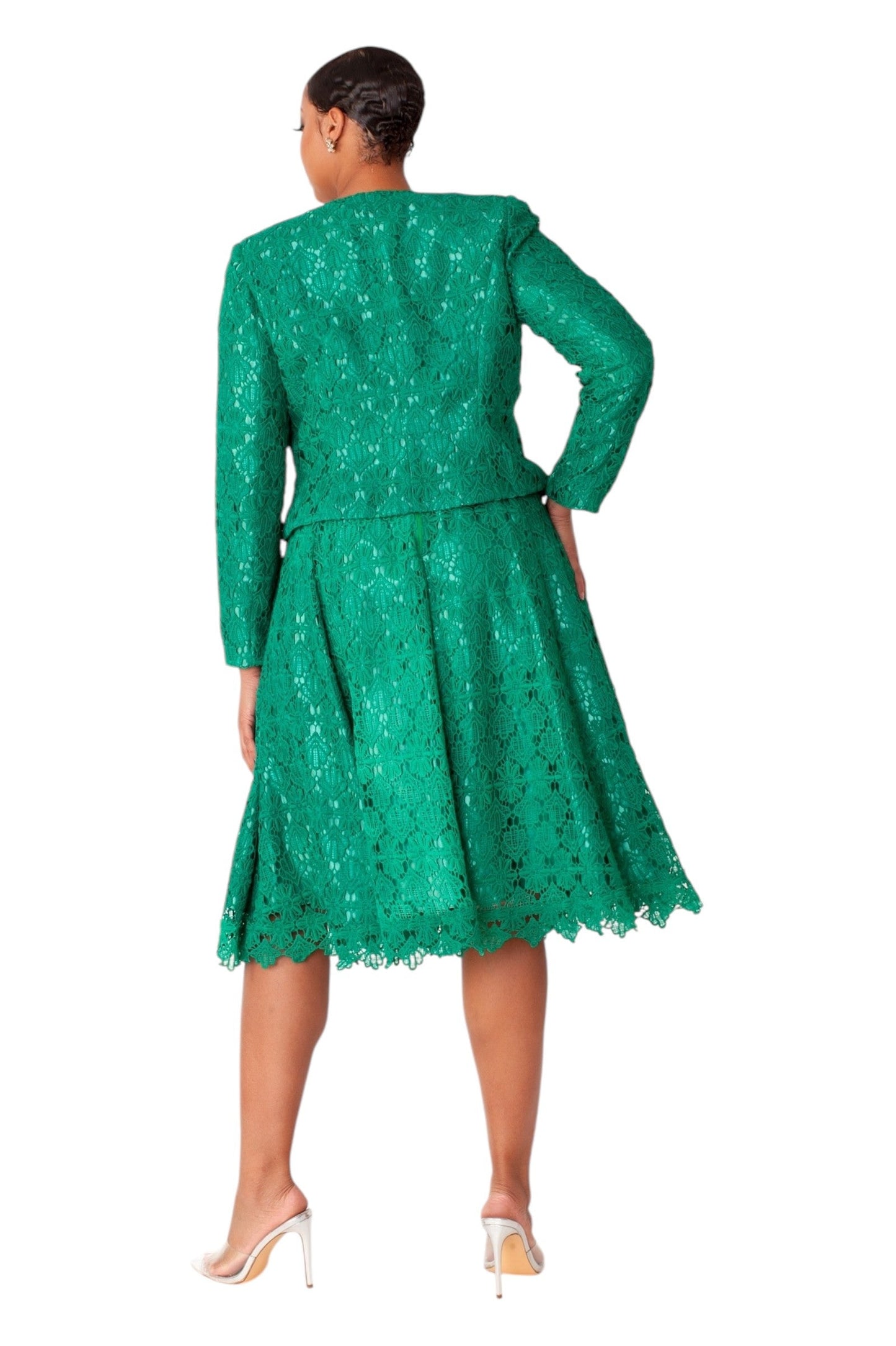 Green lace dress and jacket set shown from the back, highlighting full skirt and clean tailoring by Tally Taylor