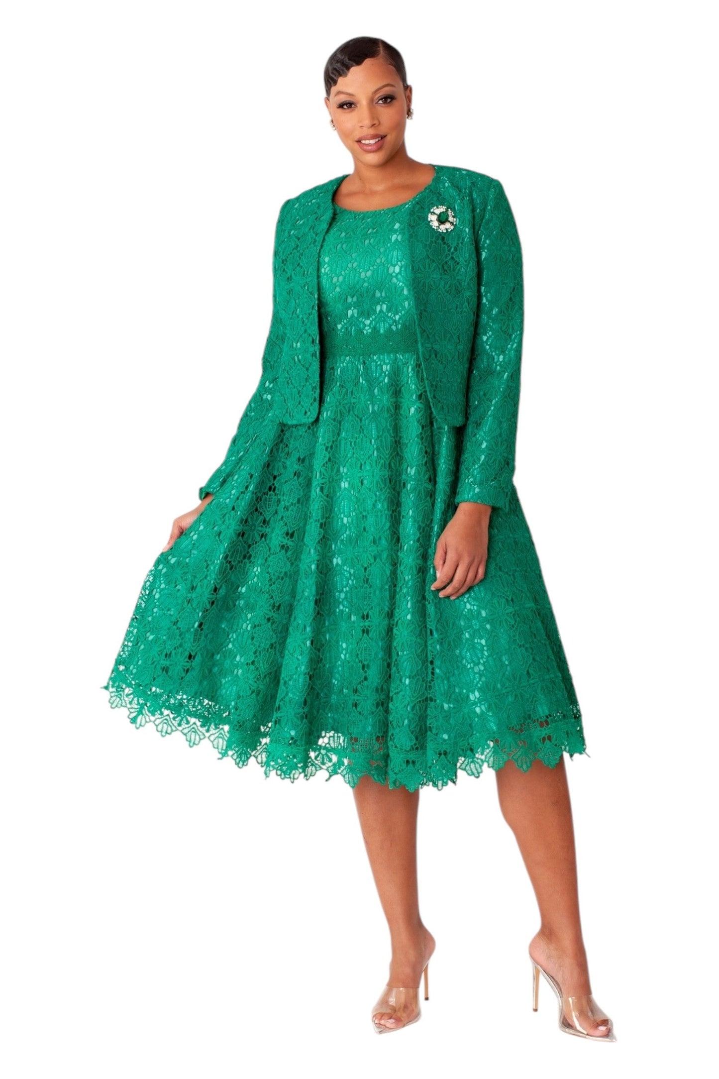 Green two-piece lace dress and jacket set with polished A-line silhouette, front view by Tally Taylor