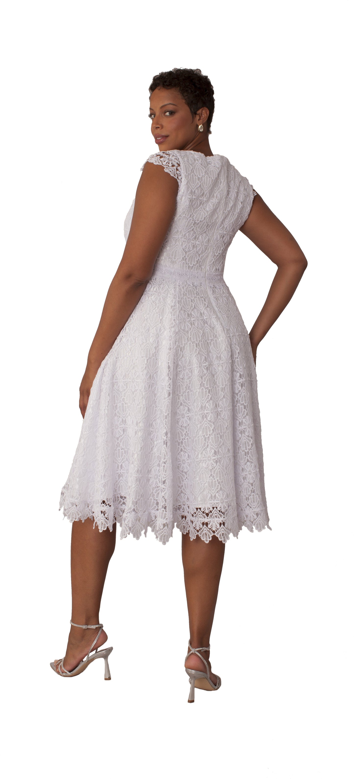 White lace A-line dress from two-piece set shown without jacket, front view by Tally Taylor
