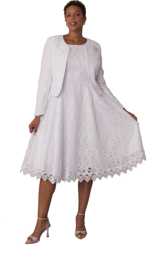 White two-piece lace dress and jacket set with A-line silhouette and lace overlay, front view by Tally Taylor