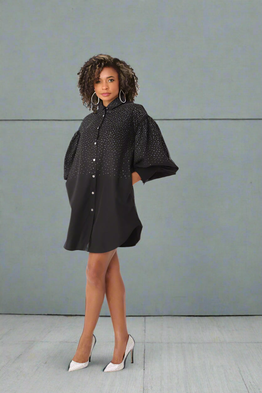 Black embellished long sleeve puff sleeve shirt side pose – For Her NYC