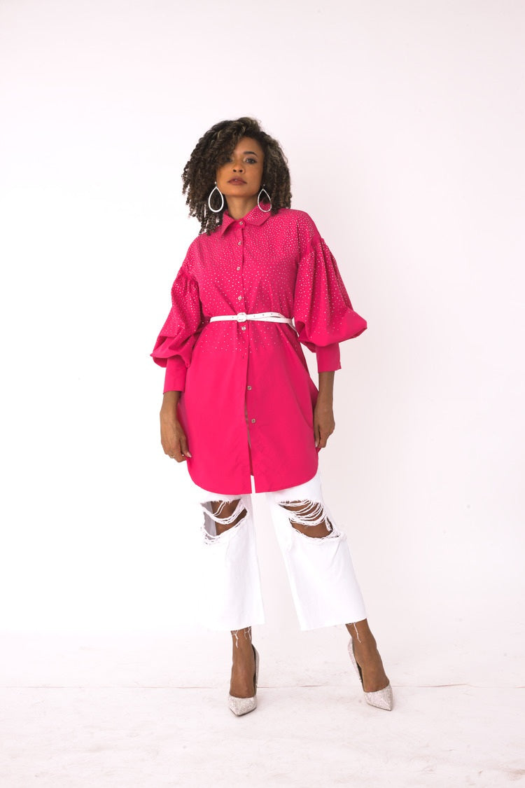 Fuchsia embellished long sleeve rhinestone shirt styled as a tunic with distressed pants and heels – For Her NYC