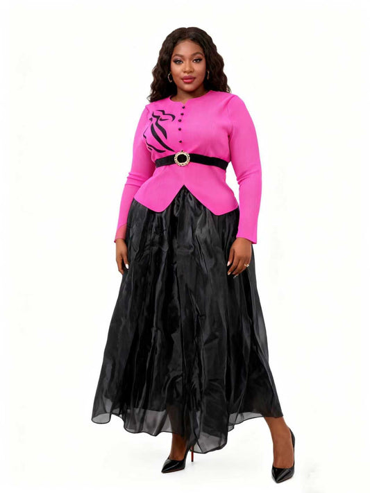 Front view of model wearing a structured pink embellished top with flowing black skirt set, For Her NYC