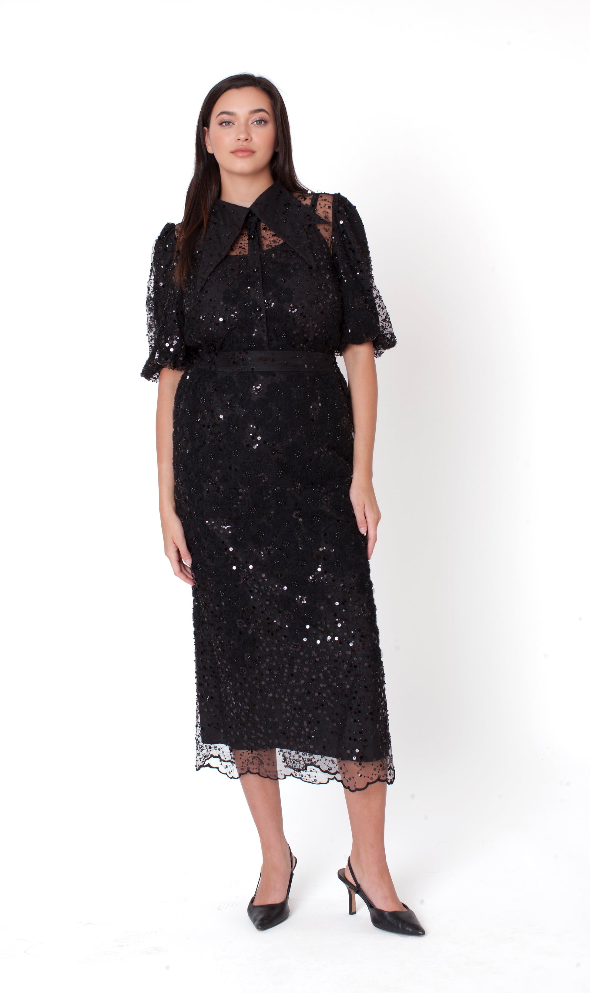 Black embroidered sequin organza skirt set with floral detailing, model standing front view, For Her NYC