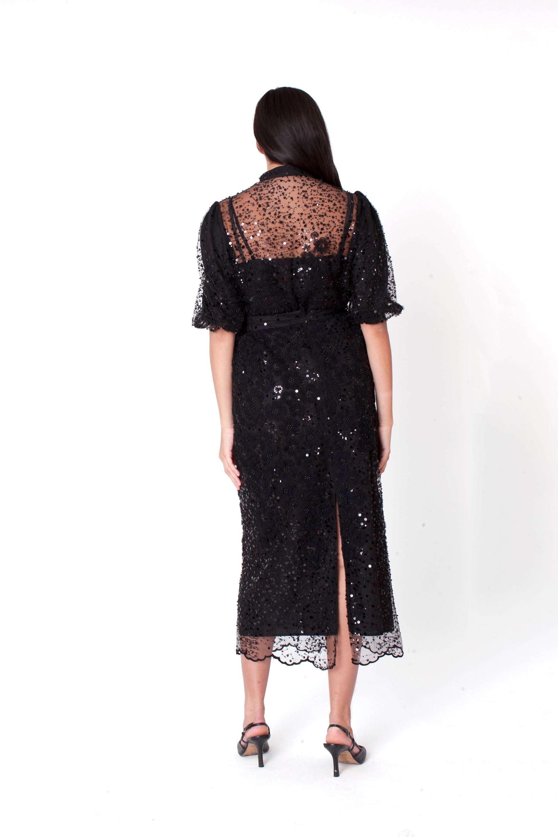 Black embroidered sequin organza skirt set with short sleeve top and midi skirt, model standing full length, For Her NYC