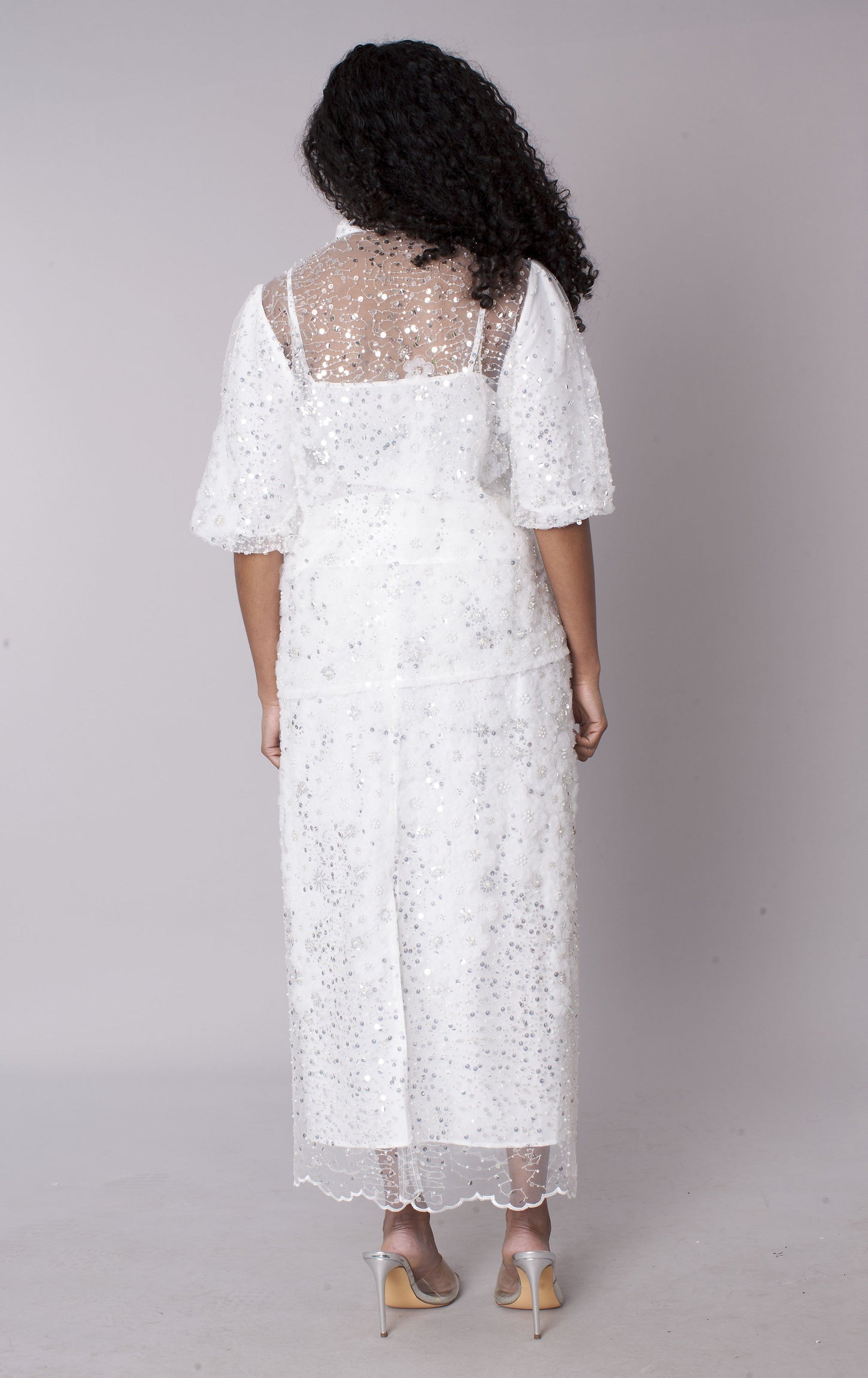 White embroidered sequin organza skirt set, back view showing sheer embroidered overlay, For Her NYC